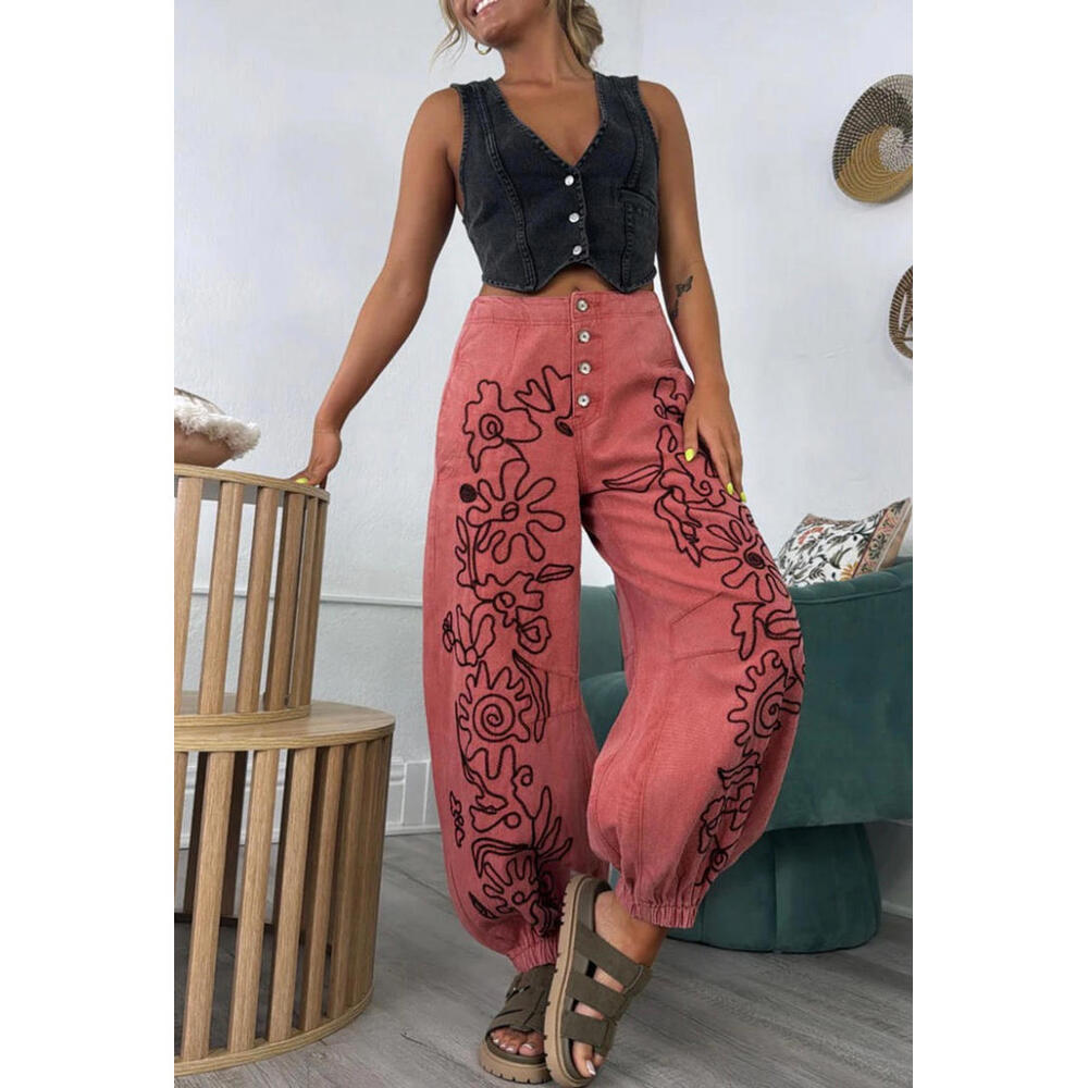 Floral Embroidered Pattern Solid Twill Jogger Pants by POL